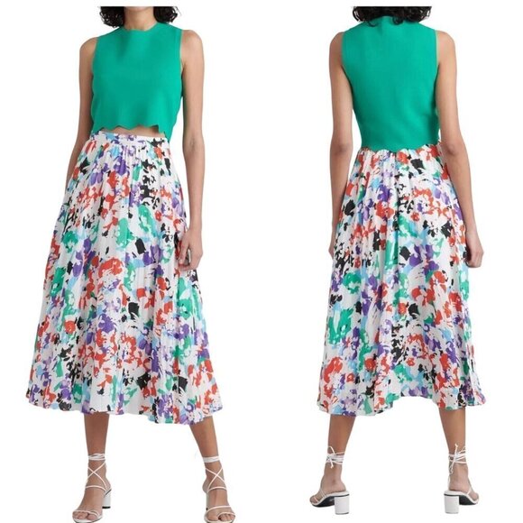 Tanya Taylor Jeana Midi Skirt, Multi Color Printed Soft Pleats, Size 10, NWT - Picture 1 of 10
